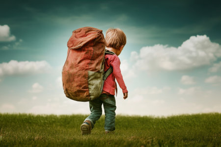 Young child strolls through grassy field, carrying oversized backpack as clouds float above.の写真素材