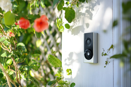A sleek doorbell is affixed to a house, bordered by vibrant flowers under clear blue skies.の写真素材