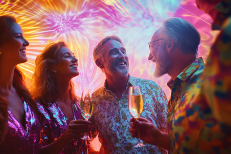 A group of friends enjoying a cheerful evening in a vibrant setting with drinks, laughter, and colorful lights.の写真素材