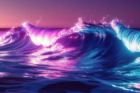 Colorful waves crash against each other, reflecting vibrant hues at twilight by the ocean.の写真素材