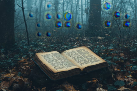 An open book lies on colorful leaves in a dense, fog-covered forest, creating a mysterious atmosphere.の写真素材