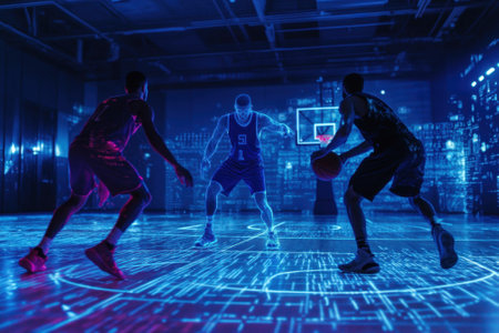 Two athletes compete on a high-tech basketball court enhanced with digital projections during play.の写真素材