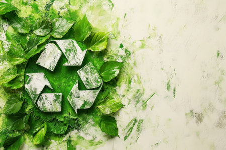 A colorful recycling symbol is surrounded by lush green leaves on a light, textured backdrop.の写真素材