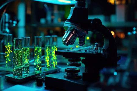 A scientist examines bioluminescent samples through a microscope in a laboratory filled with vibrant colors.の写真素材