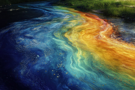 A vibrant river displaying a spectrum of colors winds through greenery.の写真素材