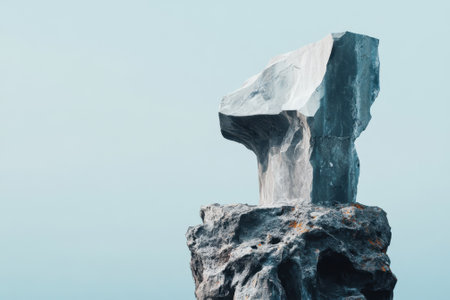 A unique stone formation stands prominently on a rocky base under a clear blue sky, showcasing natural artistry.の写真素材