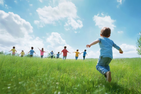 A group of children playfully runs across a grassy field, enjoying a sunny day filled with laughter and freedom.の写真素材