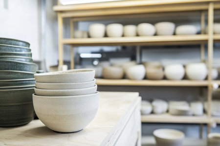 Several handcrafted pottery bowls are stacked and displayed on a wooden shelf in a pottery studio.の素材