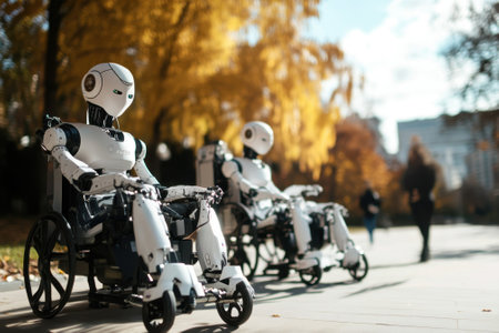 Two humanoid robots in wheelchairs sit quietly in a park, enjoying the autumn sunshine and surrounding scenery.の写真素材