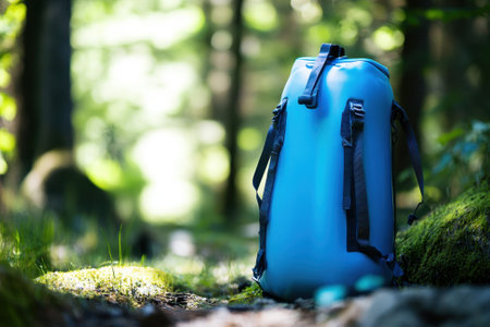 A bright blue backpack sits on a moss-covered trail surrounded by lush greenery in a peaceful forest.の写真素材