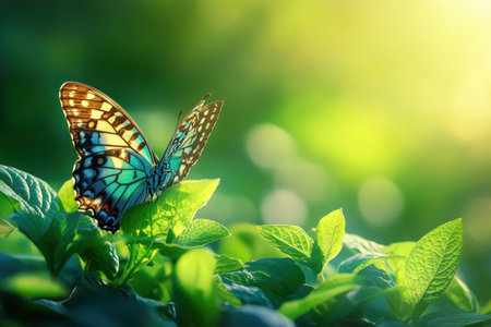 A colorful blue butterfly is perched elegantly on bright green foliage under warm sunlight.の写真素材