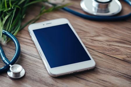 A smartphone lies next to a stethoscope, representing the intersection of technology and healthcare.の写真素材