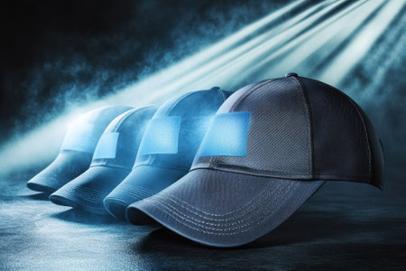 Five caps arranged in a line illuminated with soft light, showing unique designs in a dark environment.の写真素材