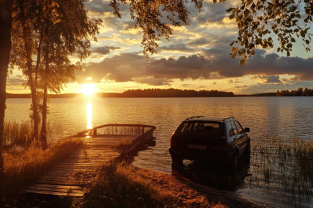 A serene sunset reflects on the lake as a car is parked near a wooden dock surrounded by trees.の写真素材