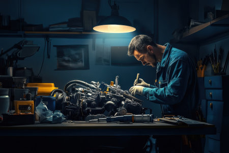 A mechanic focused on fixing an engine, surrounded by tools in a workshop illuminated by a single light.の写真素材
