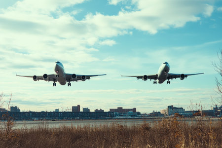 Two aircraft glide toward the runway, showing their landing gear while clouds drift above.の素材