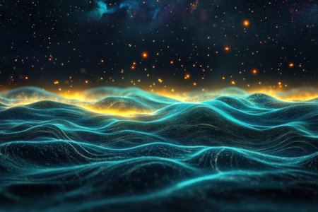 The surface of undulating waves shines with a blue glow, reflecting a starry expande above during a cosmic night.の写真素材