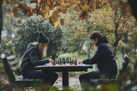 Two players focus intently on a chessboard placed on a table in a tranquil park during autumn.の写真素材
