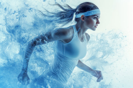 A female athlete sprints through water, creating dynamic splashes that highlight her motion and strength.の写真素材