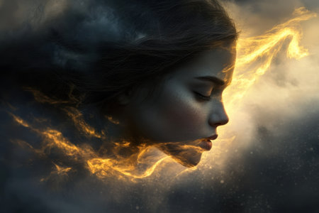 A young woman's profile merges with swirling clouds and glowing light, creating a surreal and mystical effect.の写真素材