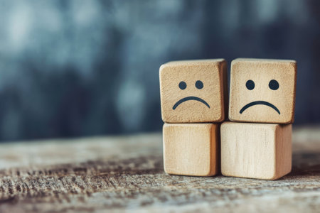 Two wooden blocks with sad faces sit side by side on a textured wooden surface, symbolizing emotions.の写真素材