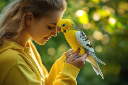 A woman wearing a yellow hoodie gently holds a yellow budgerigar close to her face, enjoying a moment outdoors.の写真素材