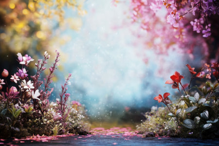Colorful flowers flourish in a tranquil garden, illuminated by gentle sunlight and soft hues of nature.の写真素材