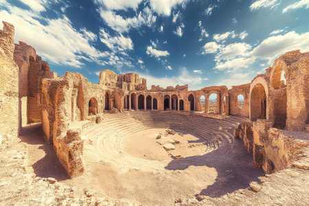 Ancient amphitheater ruins showcase impressive architecture under a vibrant sky with scattered clouds.の写真素材