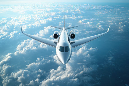 A sleek private jet soars through a bright blue sky, surrounded by soft, white clouds.の写真素材