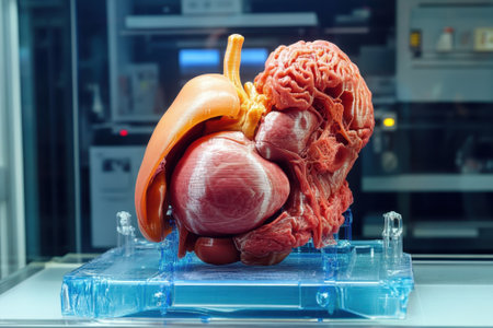 Detailed model of human kidney and heart displayed in a laboratory setting for medical education and study.の写真素材