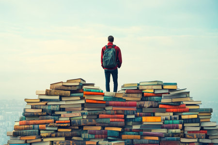 A solitary figure with a backpack surveys the horizon from a towering pile of colorful books against a cloudy backdrop.の写真素材