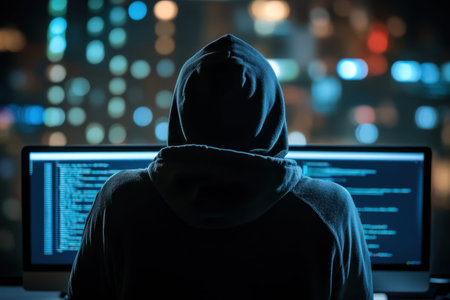 A person wearing a hoodie is coding on a computer in a dimly lit room, showing city lights outside.の写真素材