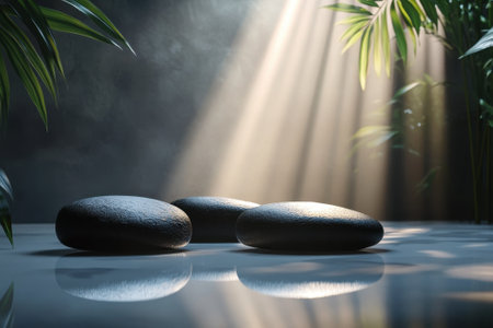 Smooth black stones rest on a reflective surface, illuminated by gentle rays of light through leaves.の写真素材
