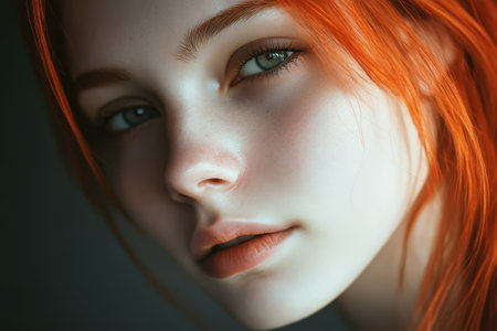 A young woman with vibrant orange hair gazes intently, her green eyes shining in a soft, diffused light.の写真素材