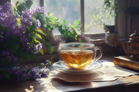 A steaming cup of herbal tea sits on a saucer next to vibrant flowers, reflecting morning light.の写真素材
