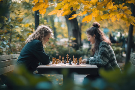 Friends face off in a chess game at a park table, surrounded by vibrant autumn leaves and a serene atmosphere.の写真素材