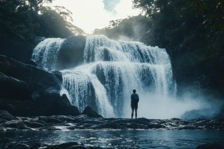 A stunning waterfall flows powerfully over rocks, while a person stands quietly, enjoying the beauty at sunrise.の写真素材