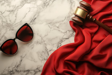 A gavel rests on red fabric alongside stylish sunglasses on a marble background, suggesting a unique theme.の写真素材