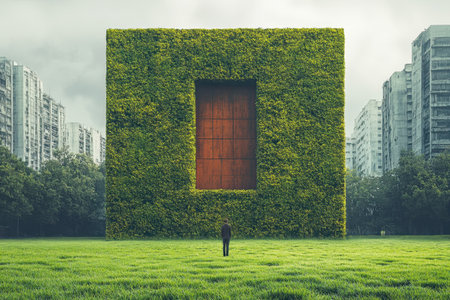 A person stands in front of a massive green structure with a wooden door, surrounded by tall buildings and grass.の写真素材