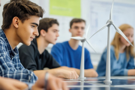 Teenagers collaborate on a renewable energy project, focusing on wind power with model turbines.の写真素材