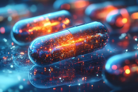 Brightly colored capsules shimmer on a reflective surface, creating a futuristic atmosphere with sparkles.の素材