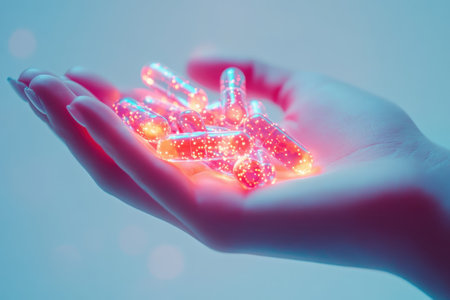 A hand holds vibrant capsules radiating light, creating a captivating effect in a calming environment.の写真素材