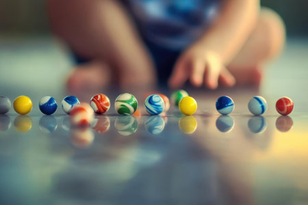 A young child reaches for marbles lined up on a reflective surface, enjoying a playful moment indoors.の素材
