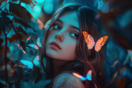 A girl with long hair gazes thoughtfully as vibrant butterflies flutter around her in a serene forest.の写真素材