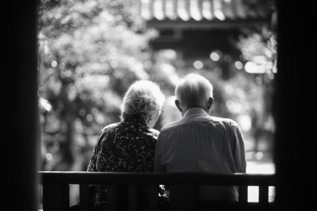 An elderly couple sits closely on a bench, enjoying the warm sunlight in a serene garden setting.の写真素材