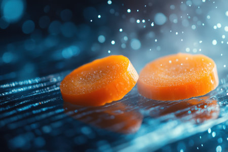 Juicy orange carrot slices rest on a wet surface, with droplets enhancing their freshness and color in soft light.の写真素材