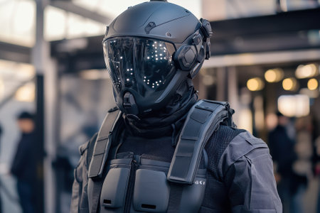Security personnel stands confidently in advanced tactical gear at a bustling urban area, showcasing innovation.の写真素材