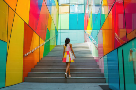 A woman wearing a bright dress climbs colorful stairs surrounded by vivid glass walls, showing a lively ambiance.の写真素材