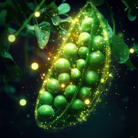 A vibrant green pea pod with luminous peas shines beautifully in a dark, enchanting environment.の写真素材
