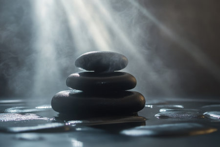 Black stones are neatly stacked atop each other while steam rises gently, creating a peaceful ambiance.の写真素材